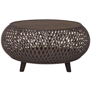 Gallerie Decor Bora Bora Round Transitional Rattan Coffee Table in Walnut