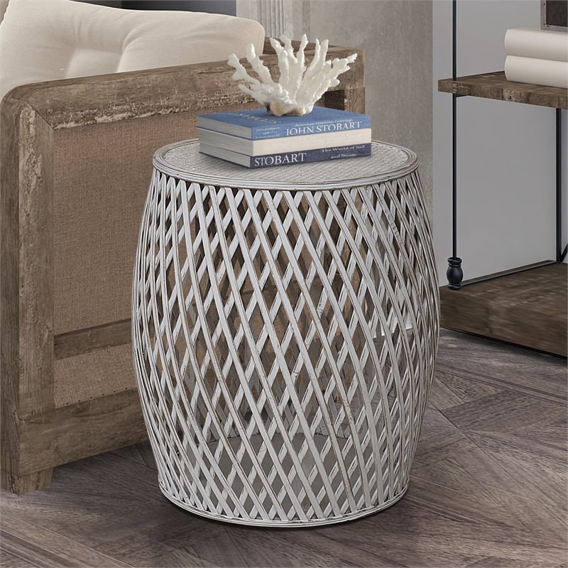 Gallerie Decor Bora Bora Transitional Rattan Side Table in Whitewashed
