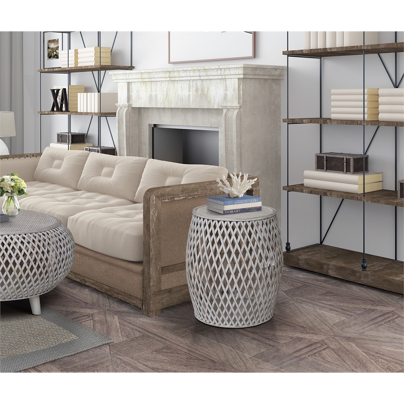 Gallerie Decor Bora Bora Transitional Rattan Side Table in Whitewashed