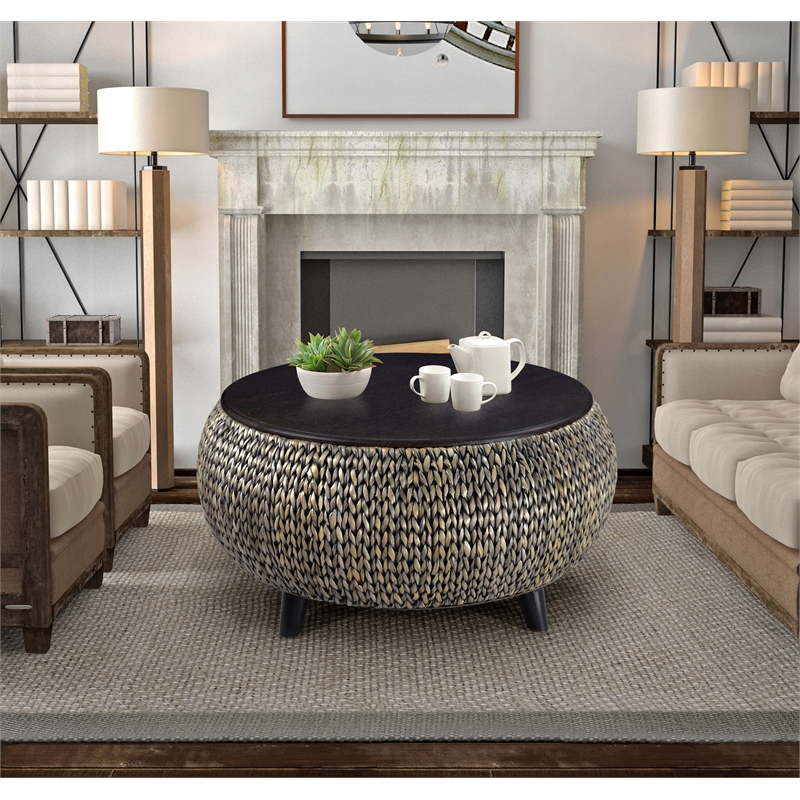 Gallerie Decor Bali Breeze Round Transitional Wood Coffee Table in Silver