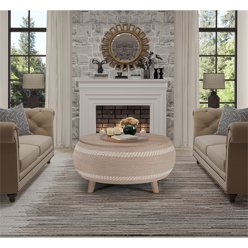 Gallerie Decor Dimensions Transitional Rattan Drum Coffee Table in Natural