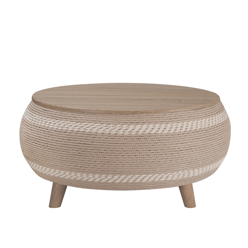 Gallerie Decor Dimensions Transitional Rattan Drum Coffee Table in Natural