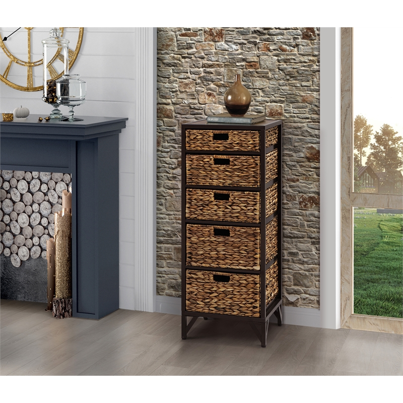 Gallerie Decor Rio 5-Drawer Transitional Metal/Wood Tower in Walnut