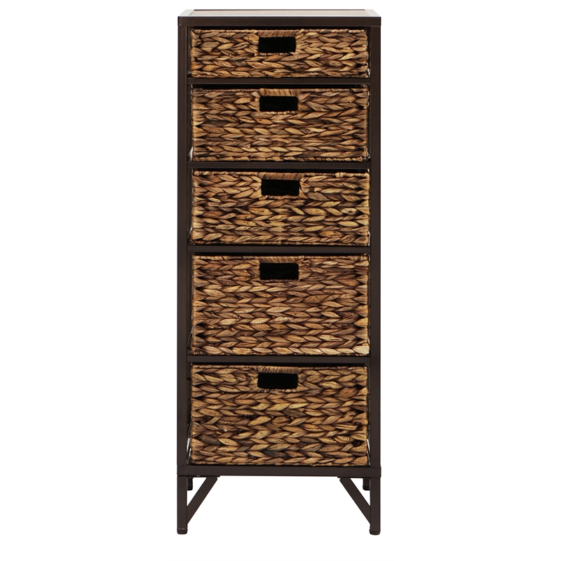 Gallerie Decor Rio 5-Drawer Transitional Metal/Wood Tower in Walnut