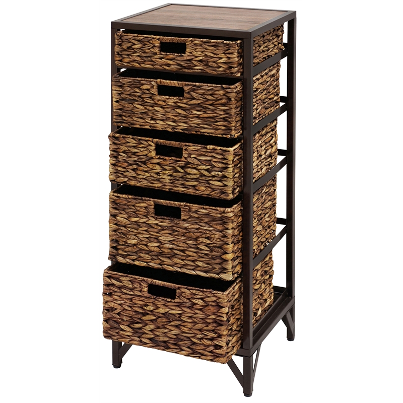Gallerie Decor Rio 5-Drawer Transitional Metal/Wood Tower in Walnut