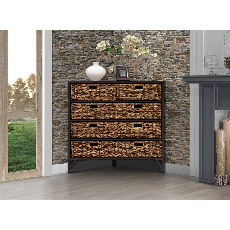 Gallerie Decor Rio 5-Drawer Transitional Metal Corner Cabinet in Walnut