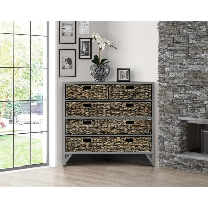 Gallerie Decor Rio 5-Drawer Transitional Metal Corner Cabinet in Gray