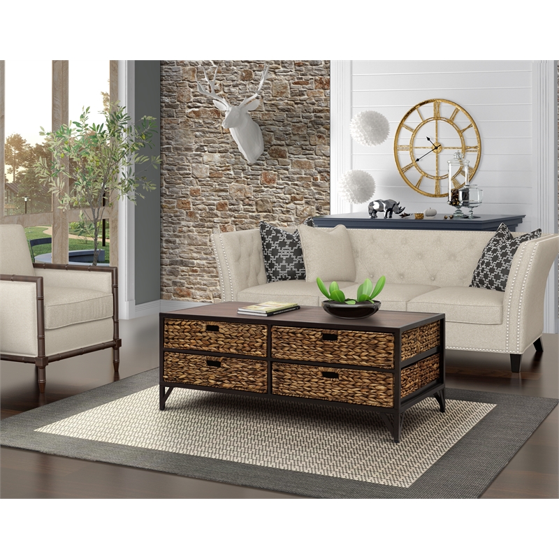 Gallerie Decor Rio Transitional Metal/Wood Coffee Table in Walnut