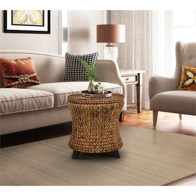 Gallerie Decor Bali Breeze Round Flared Wood Storage Ottoman in Gold