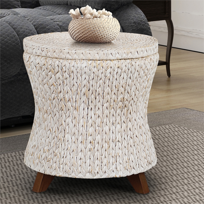 Gallerie Decor Bali Breeze Round Flared Wood Storage Ottoman in Whitewashed