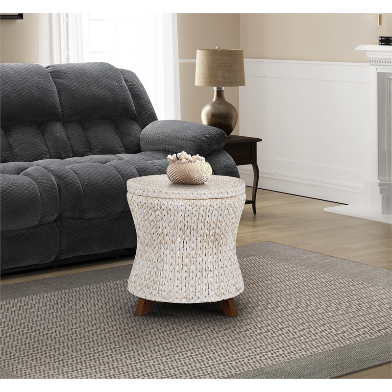 Gallerie Decor Bali Breeze Round Flared Wood Storage Ottoman in Whitewashed