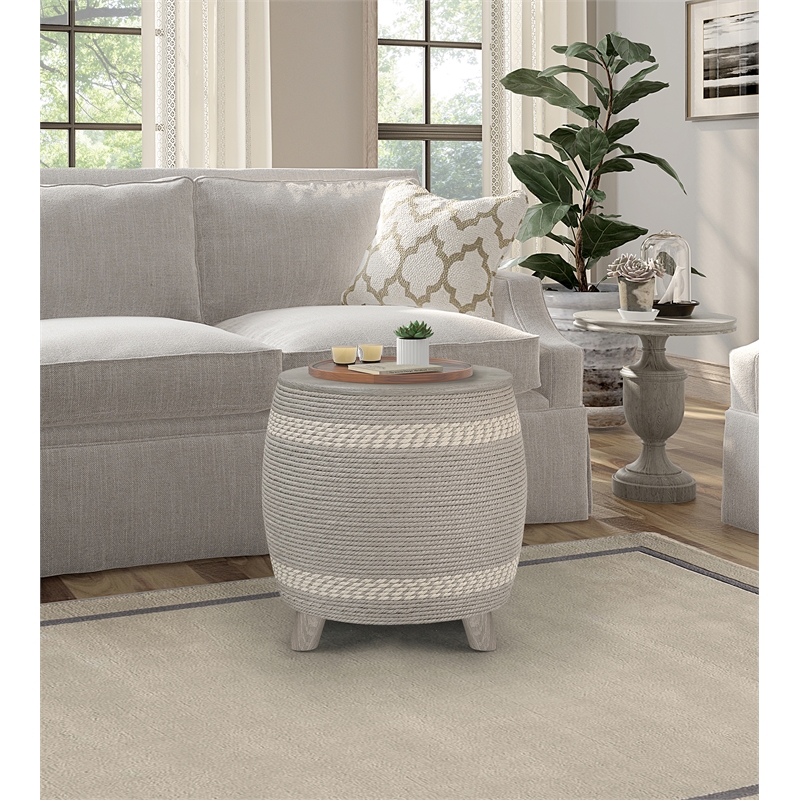 Gallerie Decor Dimensions Transitional Rattan Drum Storage Ottoman in Gray