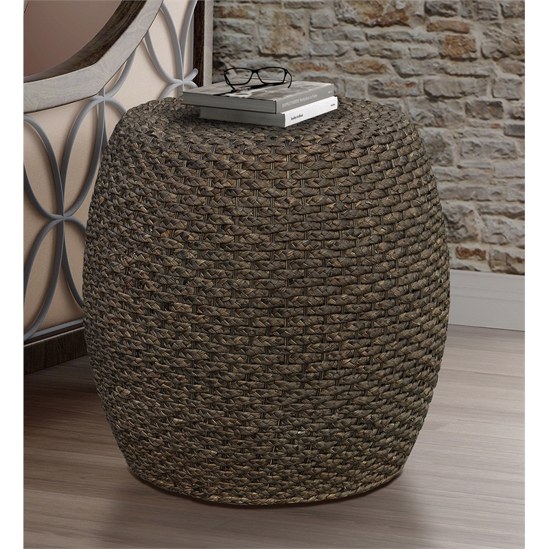 Gallerie Decor Fiji Transitional Hyacinth Wood Drum Side Table in Walnut