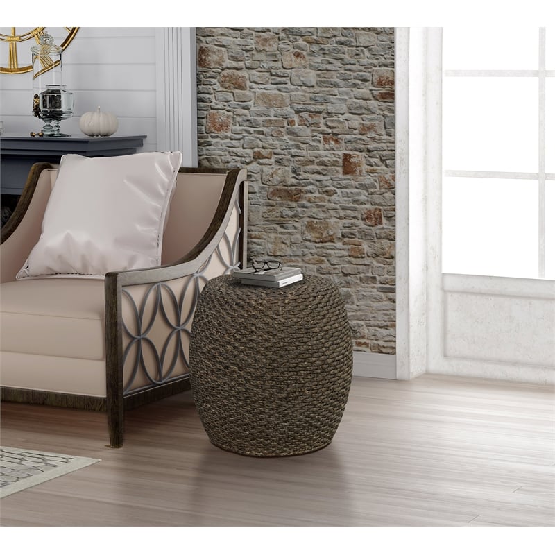 Gallerie Decor Fiji Transitional Hyacinth Wood Drum Side Table in Walnut