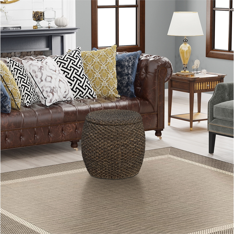Gallerie Decor Fiji Transitional Wood Drum Storage Ottoman in Walnut