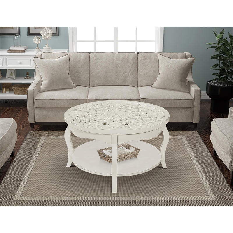 Gallerie Decor Antiqued Carved Transitional Wood Coffee Table in White