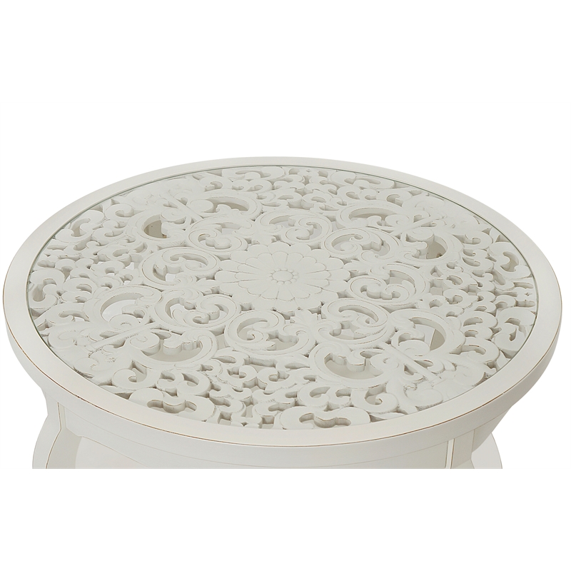 Gallerie Decor Antiqued Carved Transitional Wood Coffee Table in White