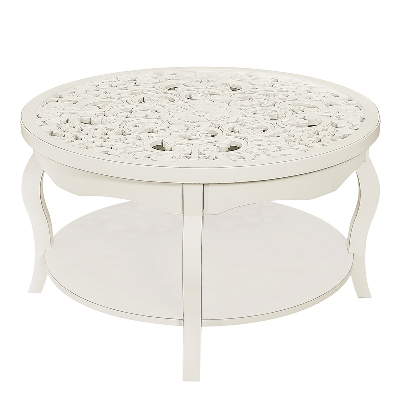 Gallerie Decor Antiqued Carved Transitional Wood Coffee Table in White