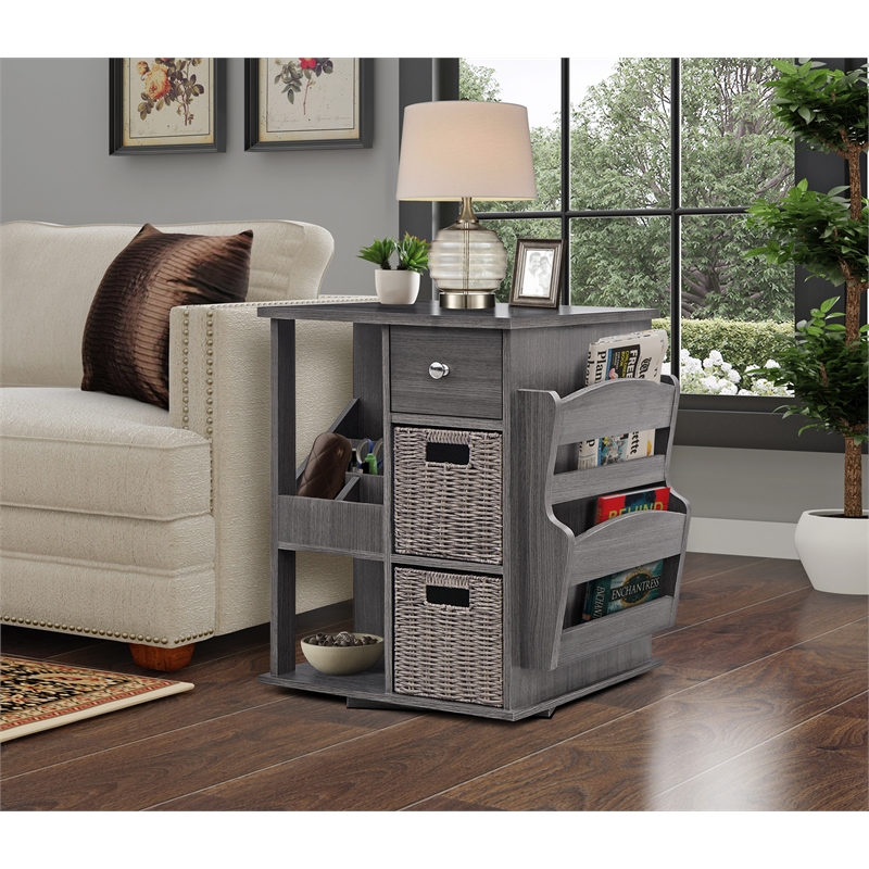 Gallerie Decor All-In-One Transitional Wood Revolving Side Table in Gray