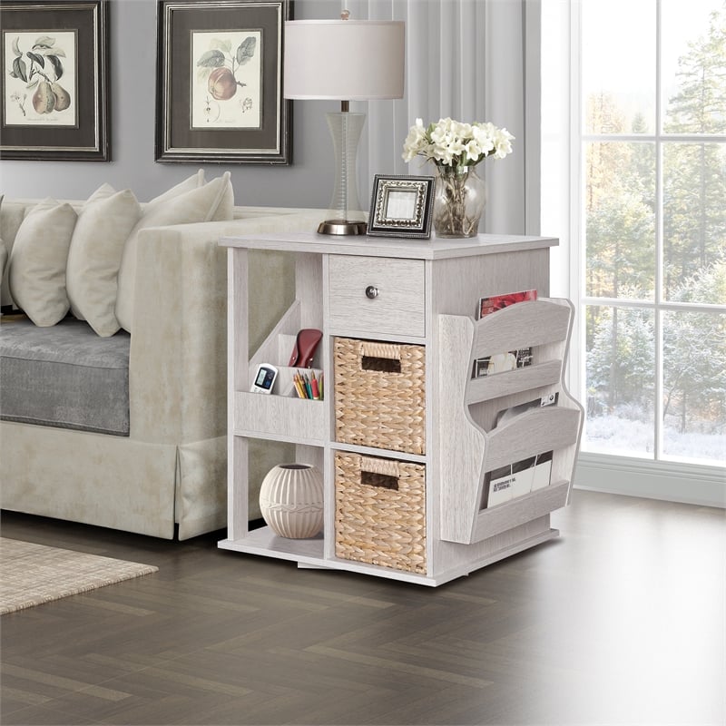 Gallerie Decor All-In-One Transitional Wood Revolving Side Table in Whitewashed