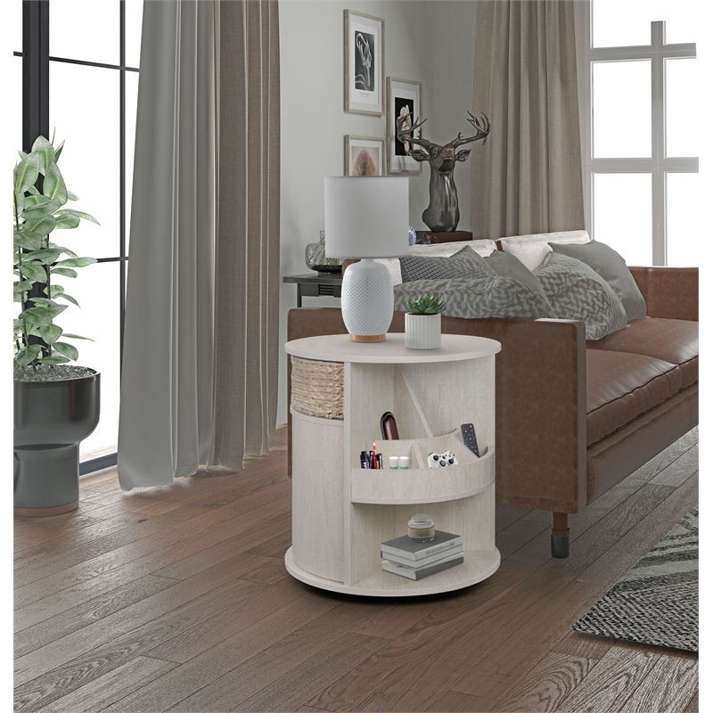 Gallerie Decor All-In-One Round Transitional Wood Side Table in Whitewashed