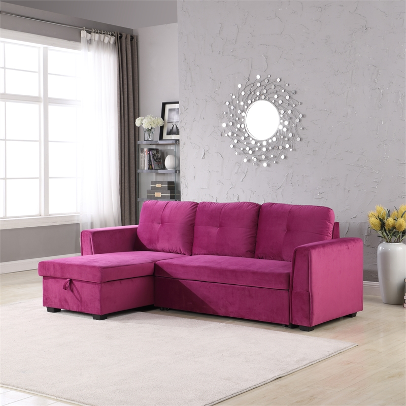 Legend Vansen Convertible Modern Velvet Sleeper Sectional Sofa in Purple