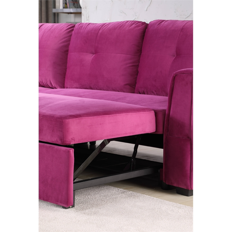 Legend Vansen Convertible Modern Velvet Sleeper Sectional Sofa in Purple