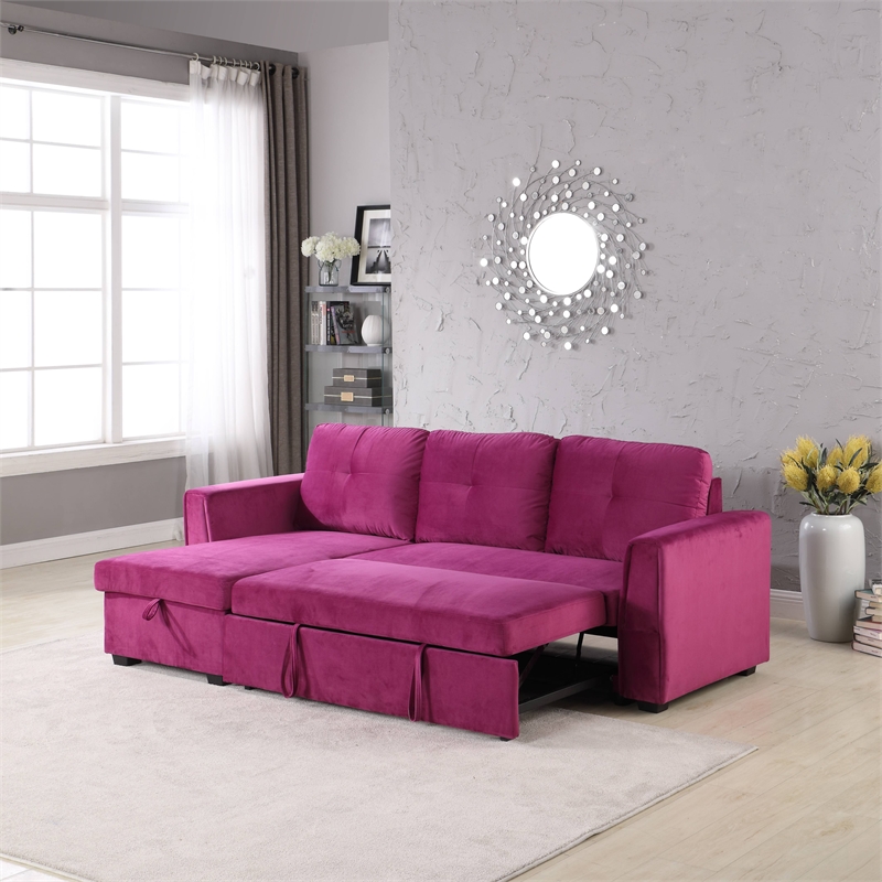 Legend Vansen Convertible Modern Velvet Sleeper Sectional Sofa in Purple