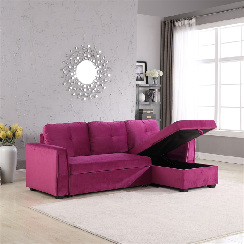 Legend Vansen Convertible Modern Velvet Sleeper Sectional Sofa in Purple