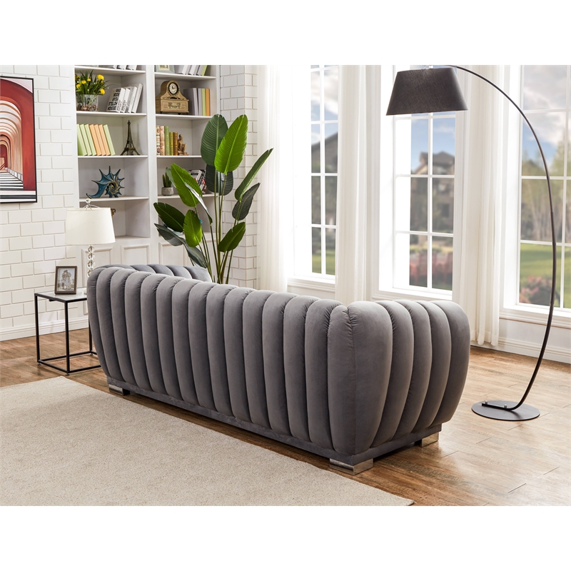 Legend Vansen Modern Velvet Fabric Living Room Sofa and Loveseat Set in Gray