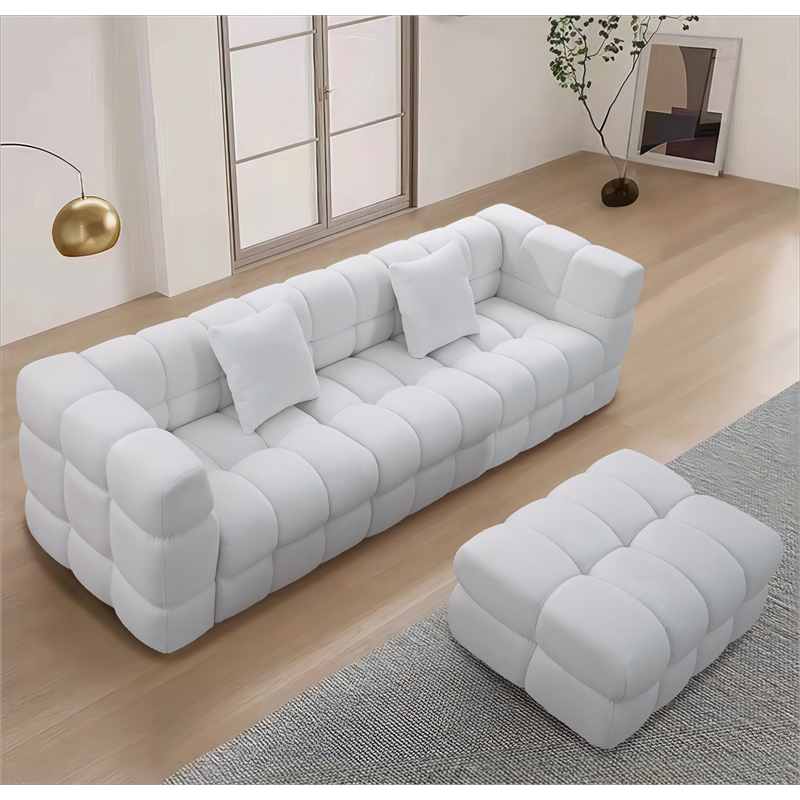 Legend Vansen 105'' Comfortable Boucle Large Sofa With Ottoman in White