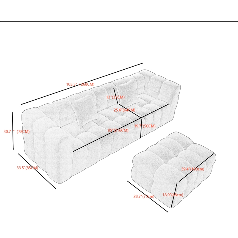 Legend Vansen 105'' Comfortable Boucle Large Sofa With Ottoman in White