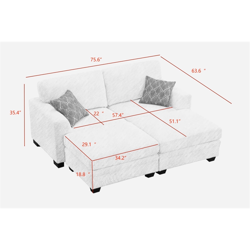 4PCS Corduroy Lounges Loveseat Couch Chaises Longues Cream