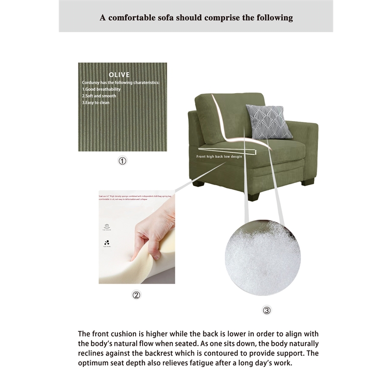 4PCS Corduroy Lounges Loveseat Couch Chaises Longues Olive