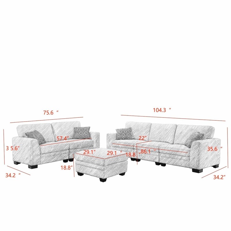 6 PCS Corduroy Flexible Combination Sectional Living Room Set  Cream