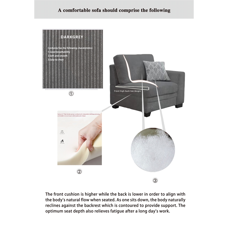 6 PCS Corduroy Sectional Living Room Set Dark Grey