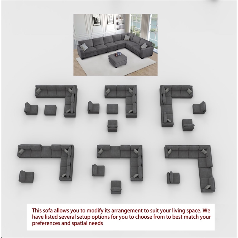 8 PCS Corduroy Flexible Combination Sectional Sofa Dark Grey