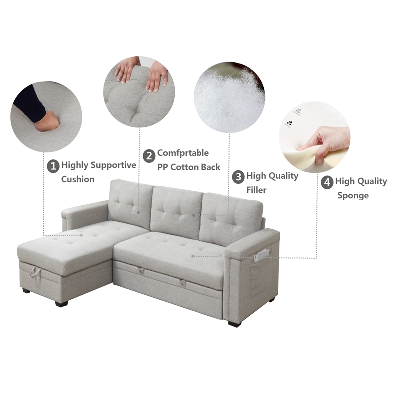 Storage Reversible Conversible Sectional Sofa Sleeper Gray