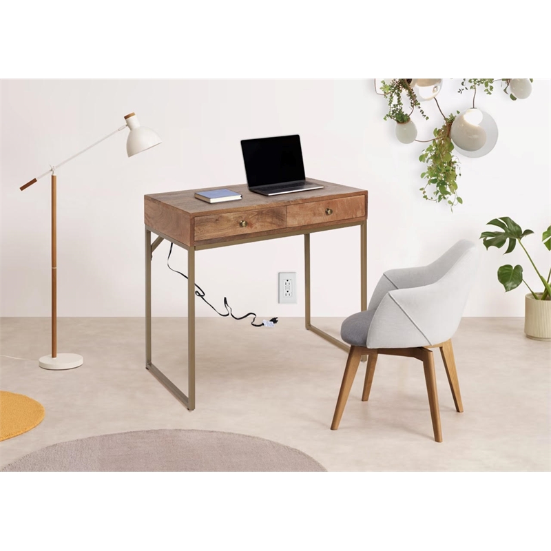 Casartis Living Mid-Century Wood and Metal Writing Desk in Brown/Gold