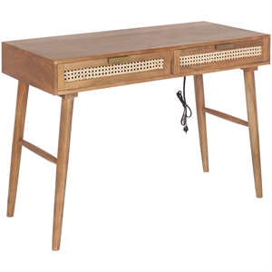Casartis Living Ella Cane Solid Wood Desk w/ Built-in-Outlet in Brown