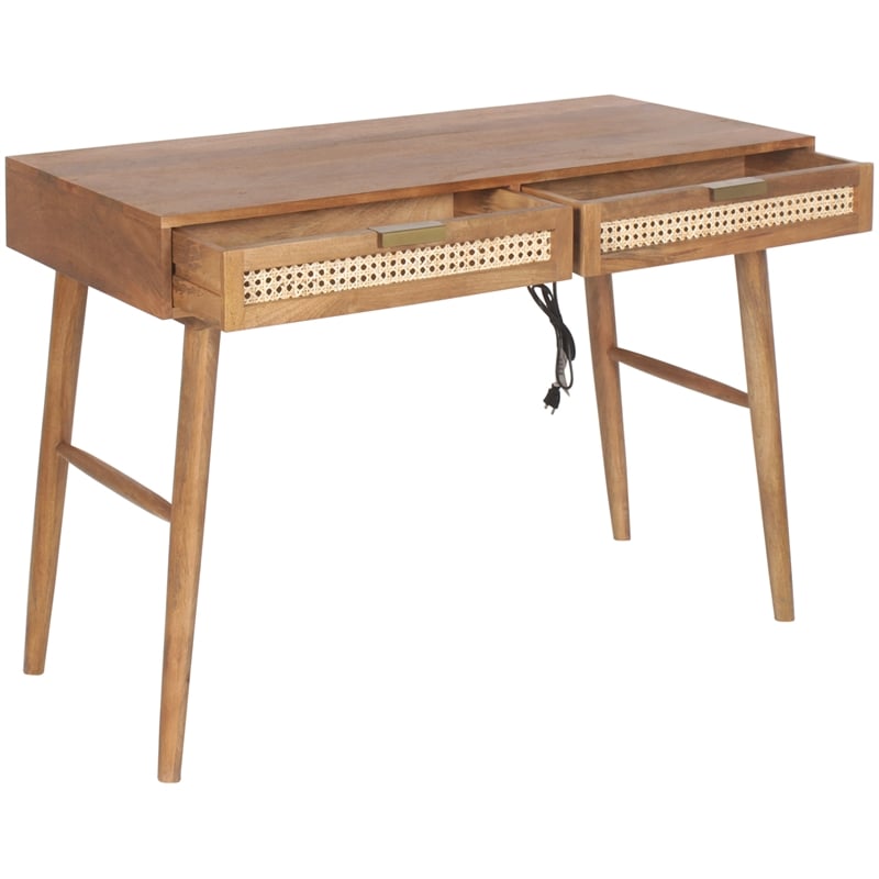 Casartis Living Ella Cane Solid Wood Desk w/ Built-in-Outlet in Brown