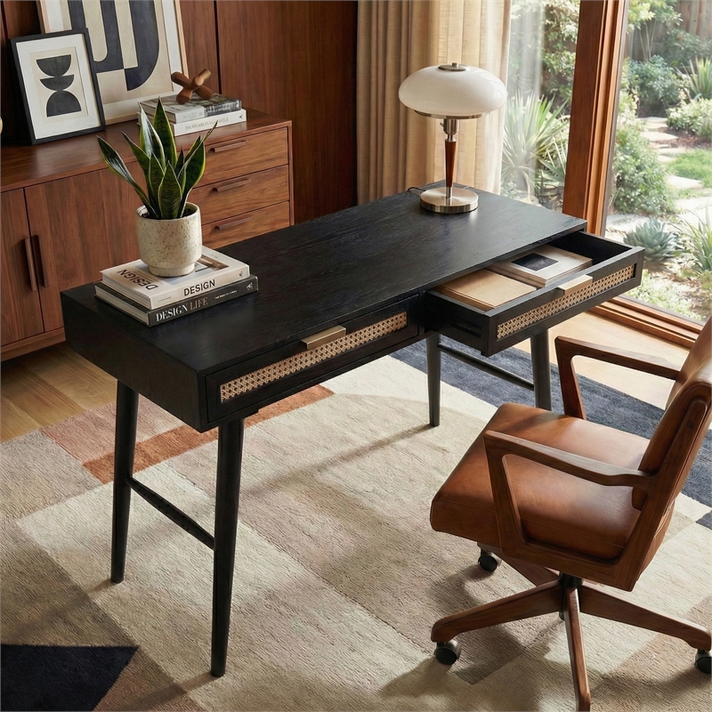 Casartis Living Ella Cane Solid Wood Desk w/ Built-in-Outlet in Black