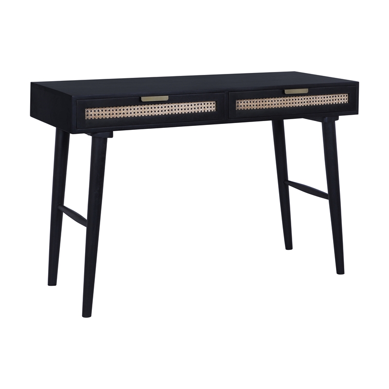 Casartis Living Ella Cane Solid Wood Desk w/ Built-in-Outlet in Black