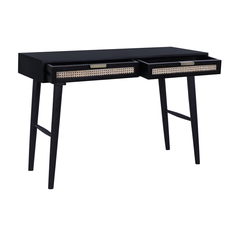 Casartis Living Ella Cane Solid Wood Desk w/ Built-in-Outlet in Black