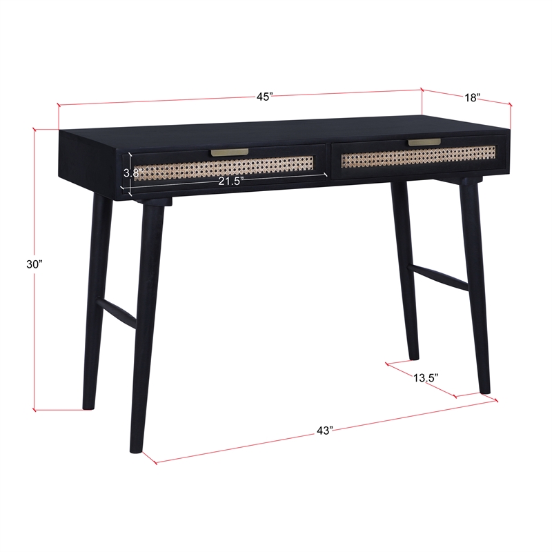 Casartis Living Ella Cane Solid Wood Desk w/ Built-in-Outlet in Black