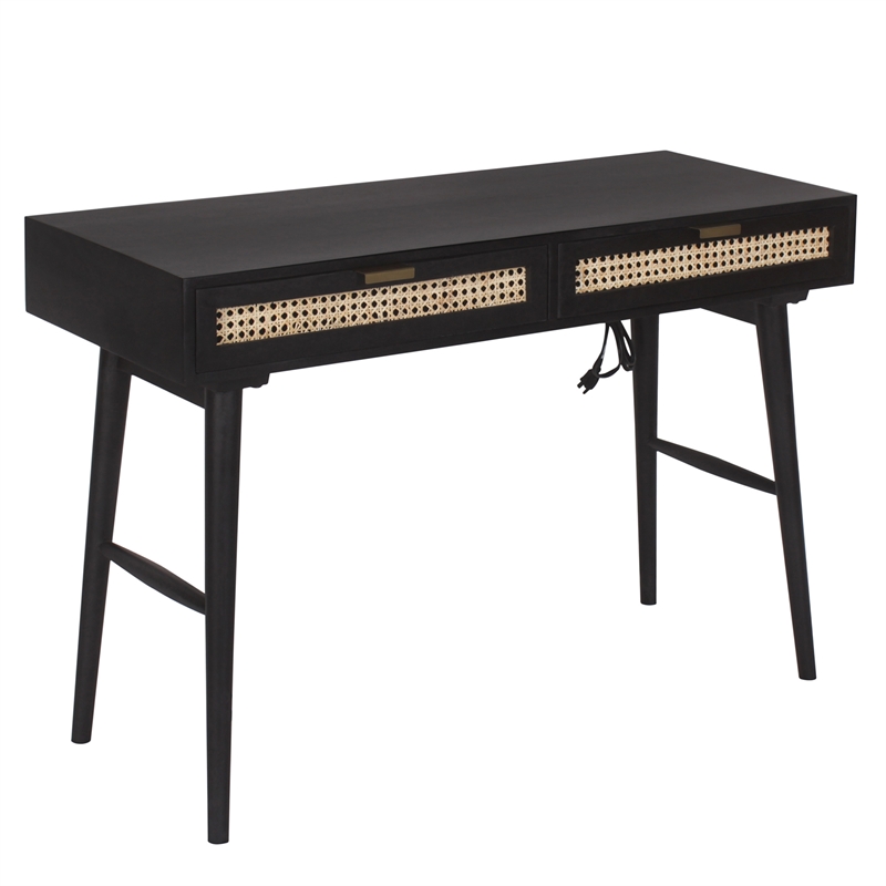 Casartis Living Ella Cane Solid Wood Desk w/ Built-in-Outlet in Black