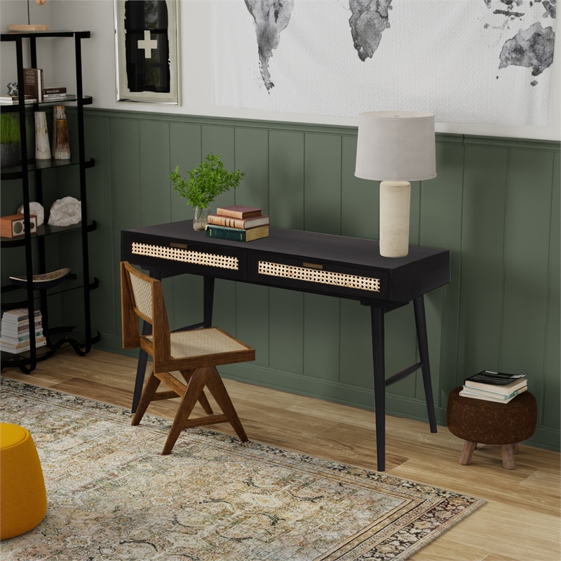 Casartis Living Ella Cane Solid Wood Desk w/ Built-in-Outlet in Black