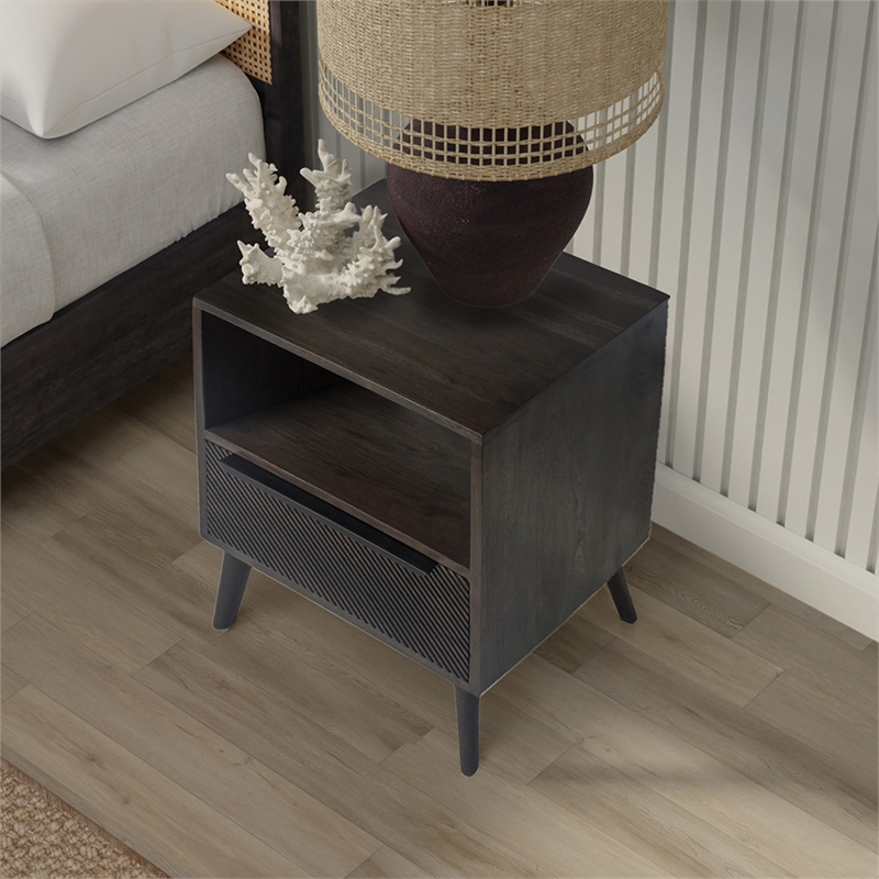 Mid-Century Modern 18W Solid Wood Nightstand with Drawer in Gray