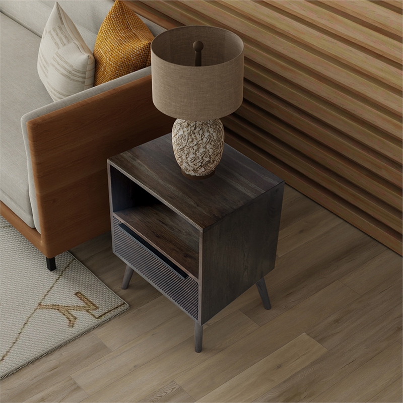 Mid-Century Modern 18W Solid Wood Nightstand with Drawer in Gray