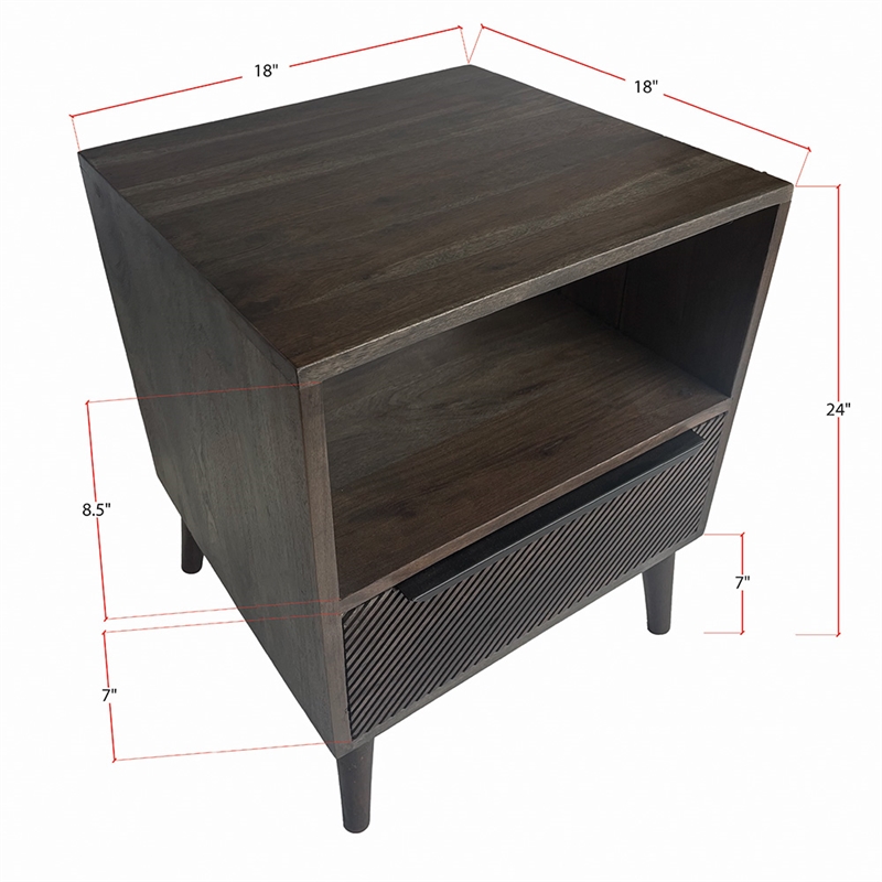 Mid-Century Modern 18W Solid Wood Nightstand with Drawer in Gray